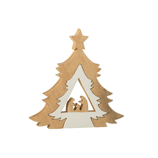 J-Line Kerststal in boom + ster mangohout wit/natuur