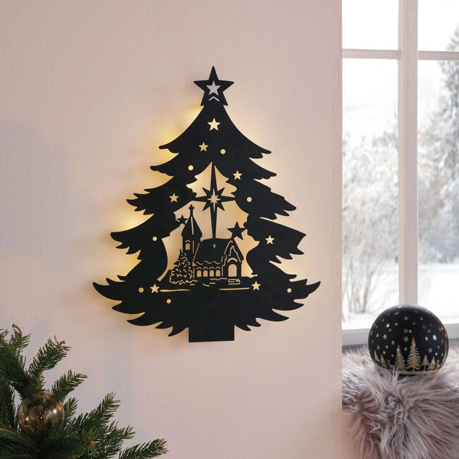 Dream-Living LED-wanddecoratie kerstboom zwart-metaal 38x2.5x44.5cm