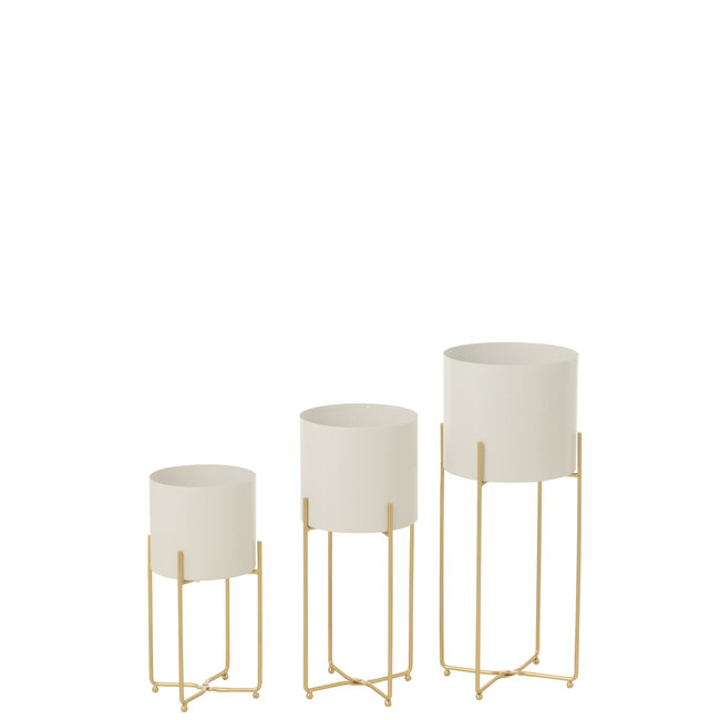 J-Line Set van 3 bloempotten rond ijzer goudkleurig/wit