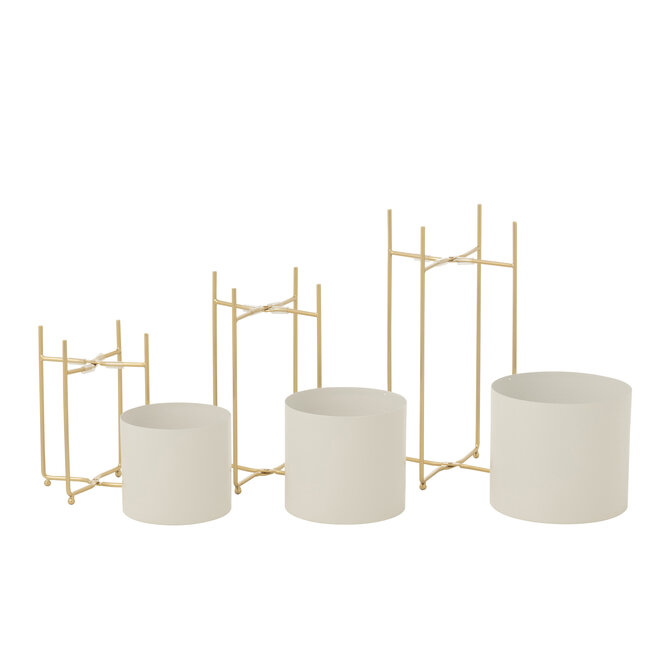J-Line Set van 3 bloempotten rond ijzer goudkleurig/wit