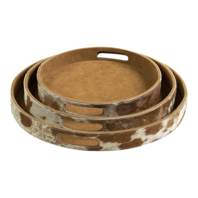 Mars & More dienbladen koehuid rond bruin/wit (set of 3)