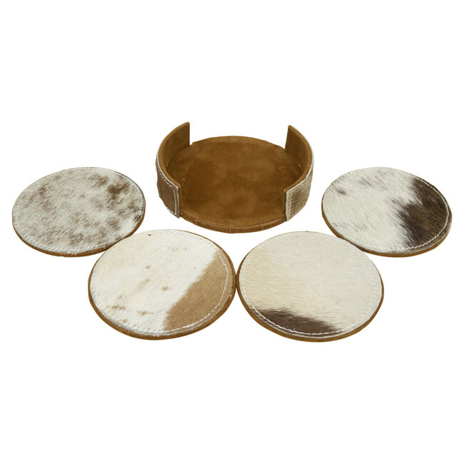 Mars & More onderzetter koehuid rond bruin/wit 10cm (set of 4)