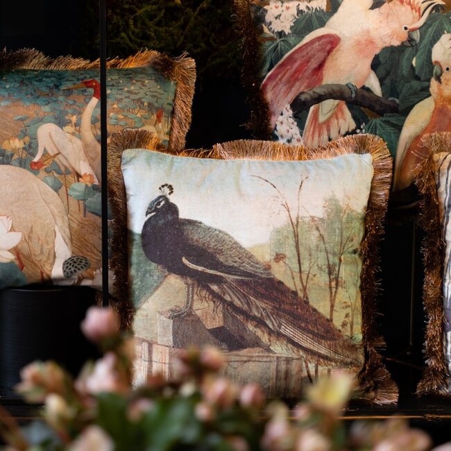 Mars & More kussen fluweel pauw gouden franjes 45x45cm*