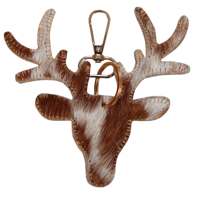 Mars & More sleutelhanger koehuid hert bruin/wit medium 11cm goud