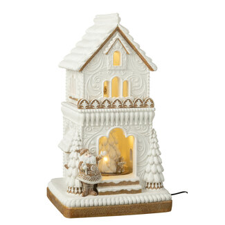 J-Line Peperkoek Led Huis + Kerstman Limepowder Beige/Wit