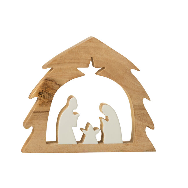 J-Line Kerststal in boom mangohout wit/naturel groot