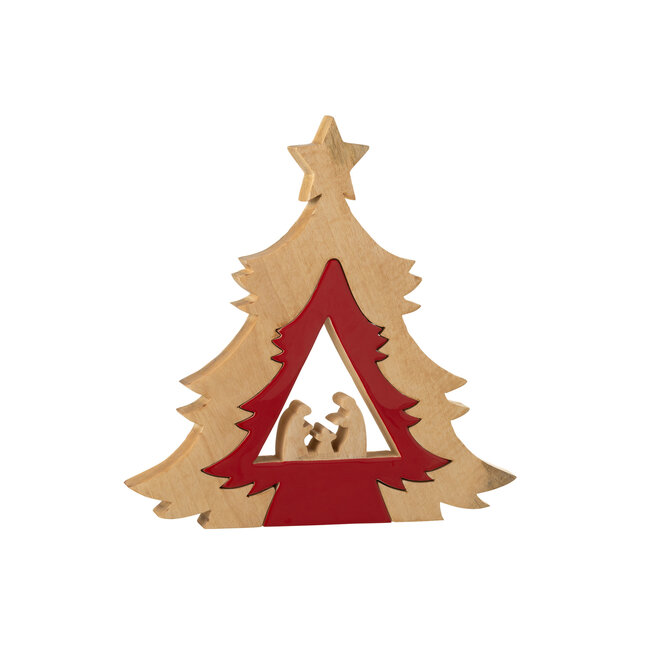 J-Line Kerststal in boom + ster mangohout kerstrood/natuur