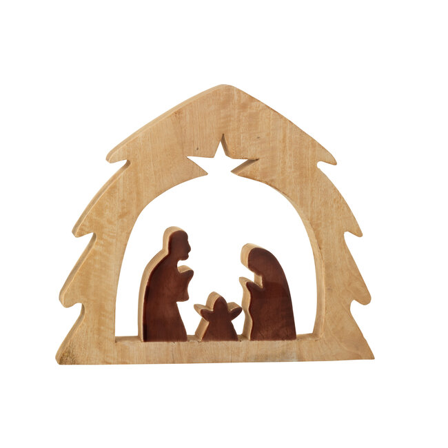 J-Line Kerststal in boom mangohout naturel/bruin groot