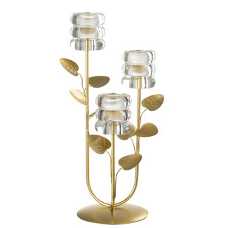 J-Line Kaarsenhouder Tak &amp; Blad 3 Delen IJzer Goudkleurig/Transparant