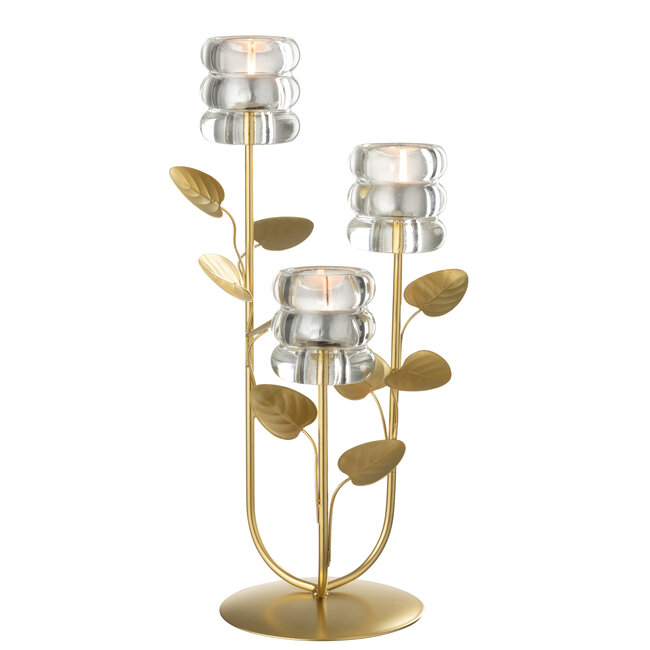 J-Line Kaarsenhouder Tak &amp; Blad 3 Delen IJzer Goudkleurig/Transparant