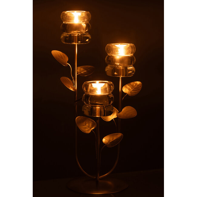 J-Line Kaarsenhouder Tak &amp; Blad 3 Delen IJzer Goudkleurig/Transparant