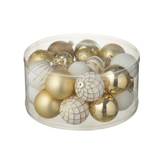 J-Line Doos met 30 kerstballen van kunststof, wit/goudkleurig