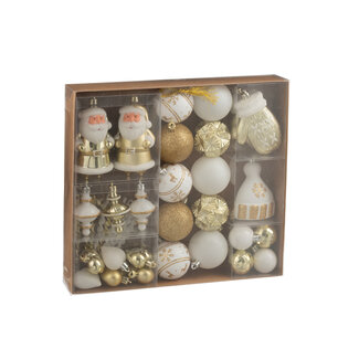 J-Line Doos met 45 kerstballen van kunststof, wit/goudkleurig