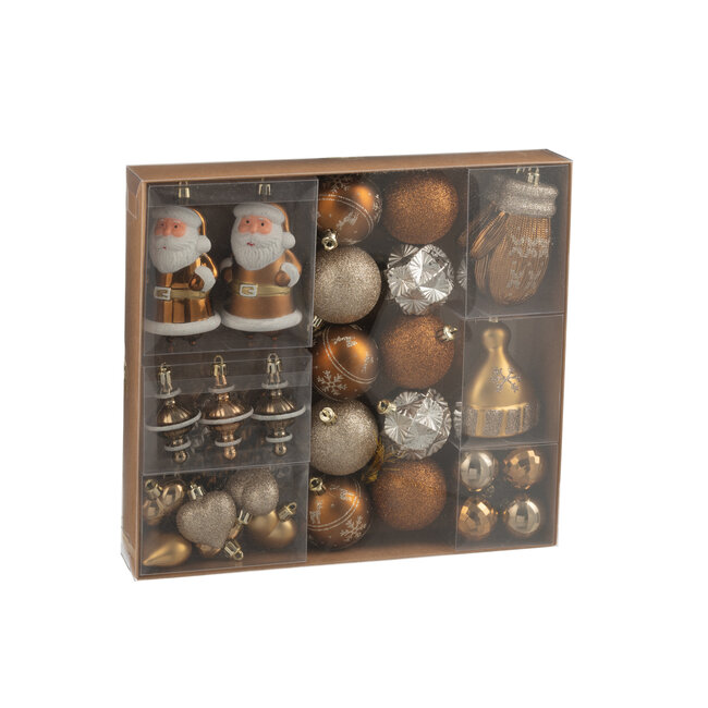 J-Line Doos met 45 kerstballen van plastic, bruin