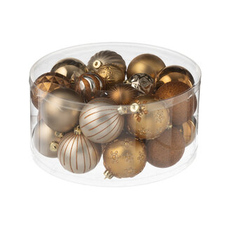 J-Line Doos met 30 kerstballen van plastic, bruin