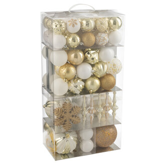J-Line Doos met 80 kerstballen van kunststof, wit/goudkleurig