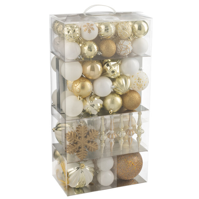 J-Line Doos met 80 kerstballen van kunststof, wit/goudkleurig