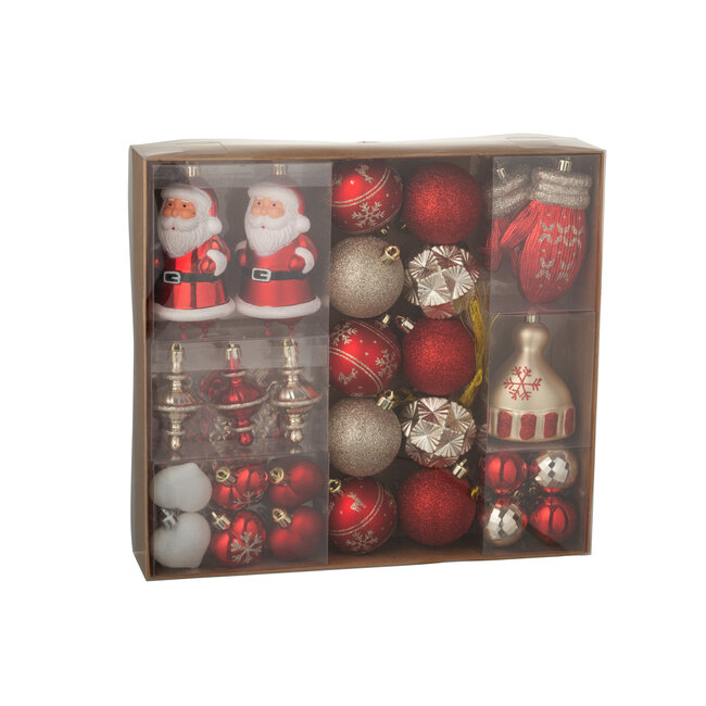 J-Line Doos met 45 kerstballen van kunststof, rood/goudkleurig