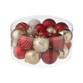 J-Line Doos met 30 kerstballen van kunststof, rood/goudkleurig