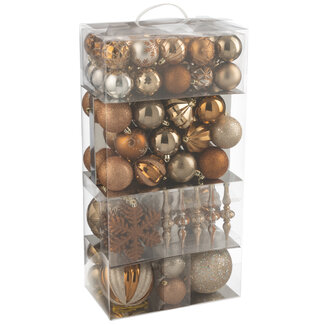J-Line Doos met 80 kerstballen van plastic, bruin