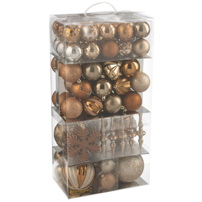 J-Line Doos met 80 kerstballen van plastic, bruin