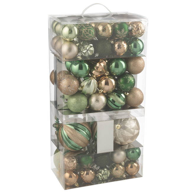 J-Line Doos met 80 kerstballen van plastic, mintgroen/ecru