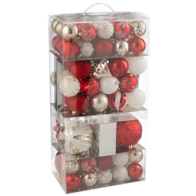 J-Line Doos met 80 kerstballen van kunststof, rood/goudkleurig