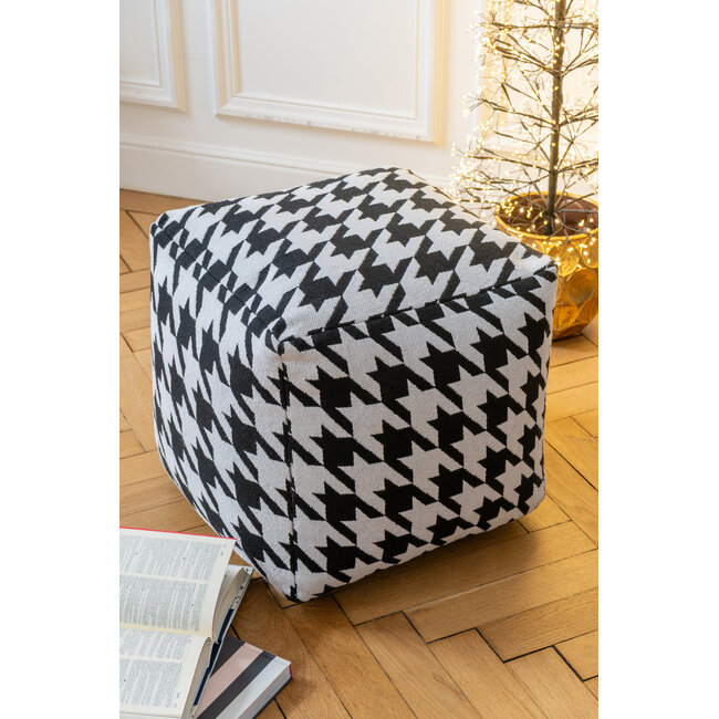 J-Line Poef Groot Patroon Pied-De-Poule Katoen Wit/Zwart