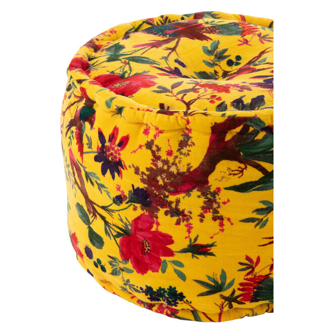 J-Line Poef Rond Vogels/Bloemen Katoen Fluweel Geel