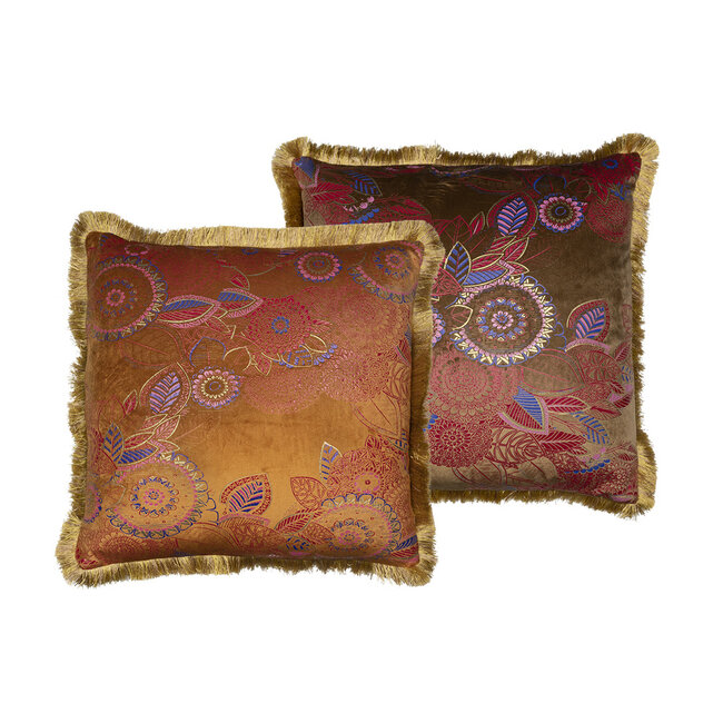 Mars & More kussen fluweel gouden franjes bloemig roest 45x45cm*