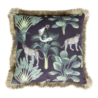 Mars & More kussen fluweel jungle panter zwart gouden franjes 45x45cm*