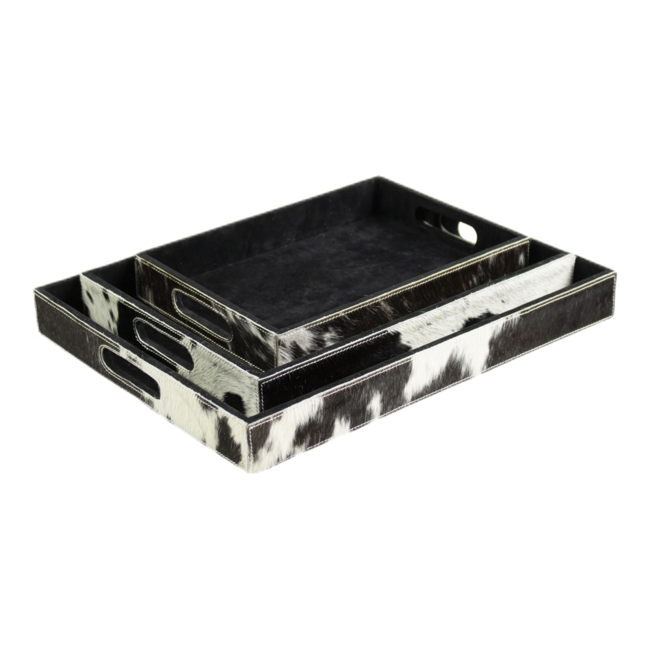 Mars & More dienbladen koehuid rechthoek zwart/wit (set of 3)