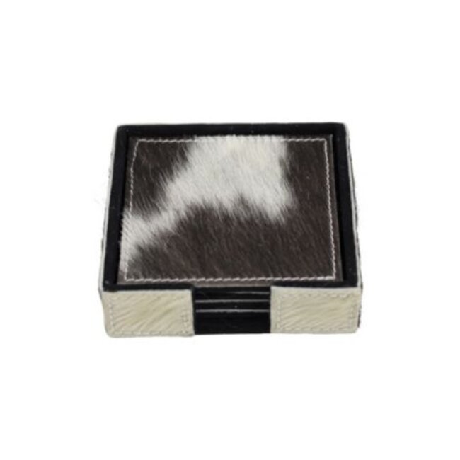 Mars & More onderzetter koehuid vierkant zwart/wit 10cm (set of 4)