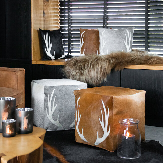 Mars & More poef koehuid vierkant gewei bruin 45x45x45cm