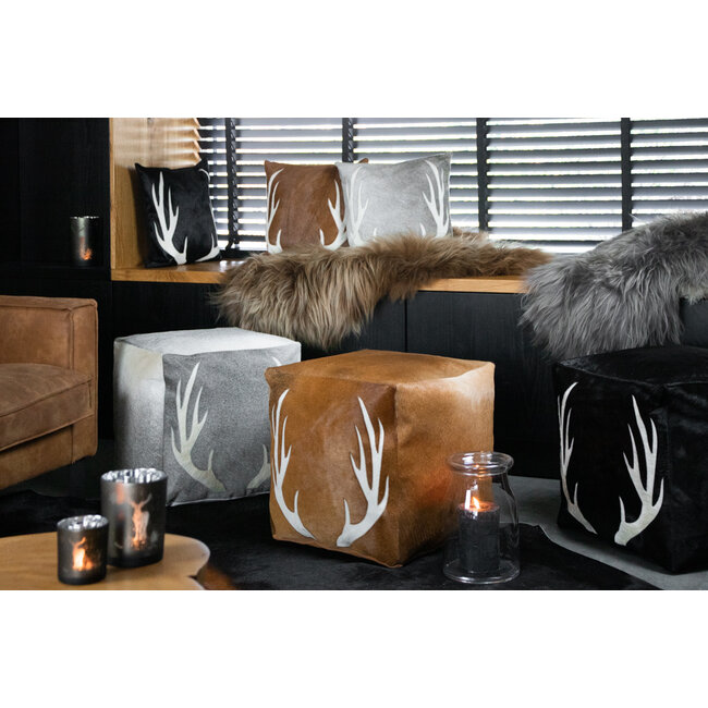 Mars & More poef koehuid vierkant gewei zwart 45x45x45cm