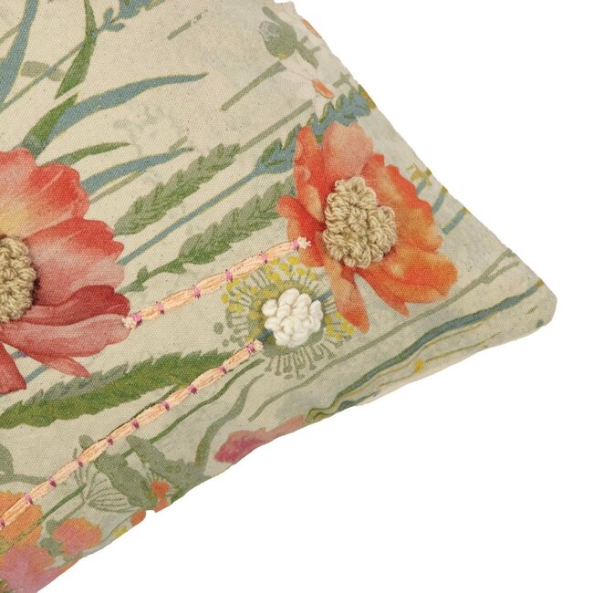 Mars & More kussen geborduurd wilde bloemen roze klaproos 60x60cm