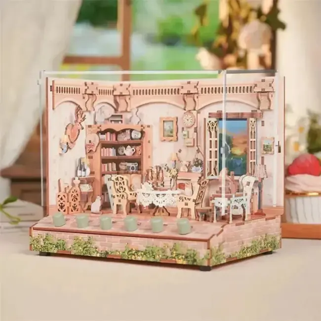 Tonecheer, DIY 3D Houten Puzzel met 6 verschillende geluidseffecten en stofkap, Miniature House The Pastoral Home, TQ400, 18x14,5x15,4cm