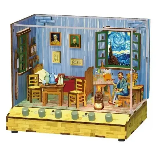 Tonecheer, DIY 3D Houten Puzzel met 6 verschillende geluidseffecten en stofkap Vincent's Bedroom, TQ401, 18x14,5x15,4cm