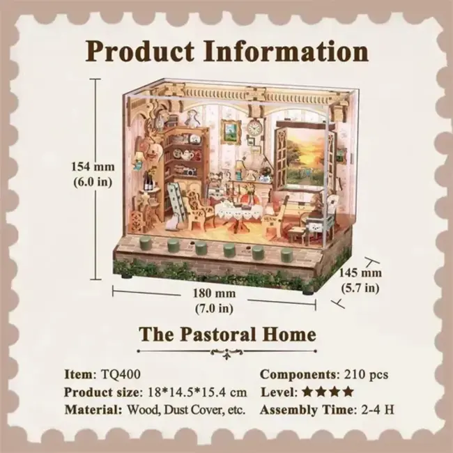 Tonecheer, DIY 3D Houten Puzzel met 6 verschillende geluidseffecten en stofkap, Miniature House The Pastoral Home, TQ400, 18x14,5x15,4cm