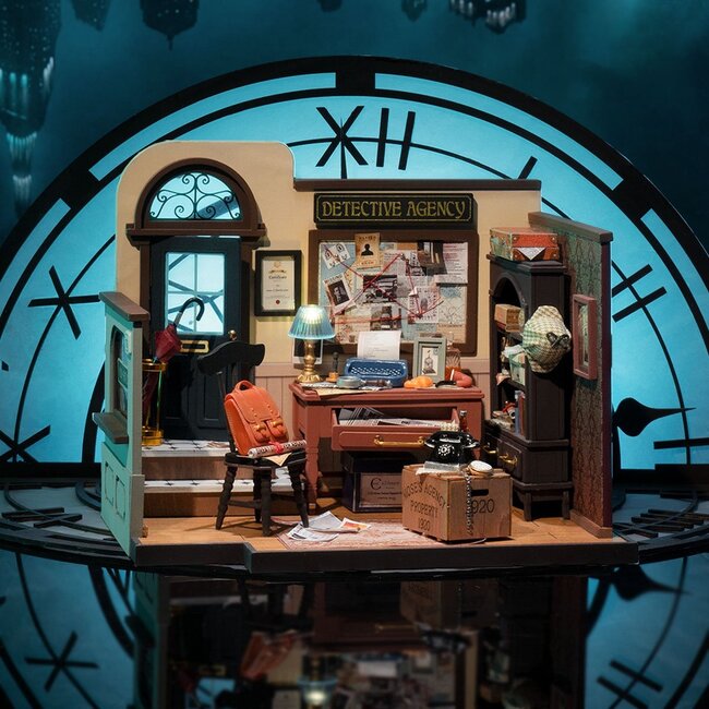 Robotime, DIY Huisje, Mose's Detective Agency met LED verlichting, DG157, 20x12,8x15,8cm