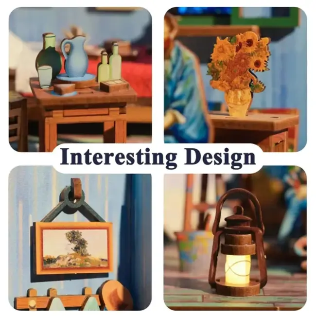 Tonecheer, DIY 3D Houten Puzzel met 6 verschillende geluidseffecten en stofkap Vincent's Bedroom, TQ401, 18x14,5x15,4cm