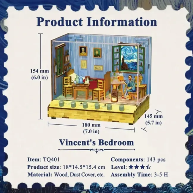 Tonecheer, DIY 3D Houten Puzzel met 6 verschillende geluidseffecten en stofkap Vincent's Bedroom, TQ401, 18x14,5x15,4cm