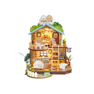 Robotime, DIY Huisje, Puppy's Cozy Villa met LED verlichting, DG169, 22x18,3x23,5cm