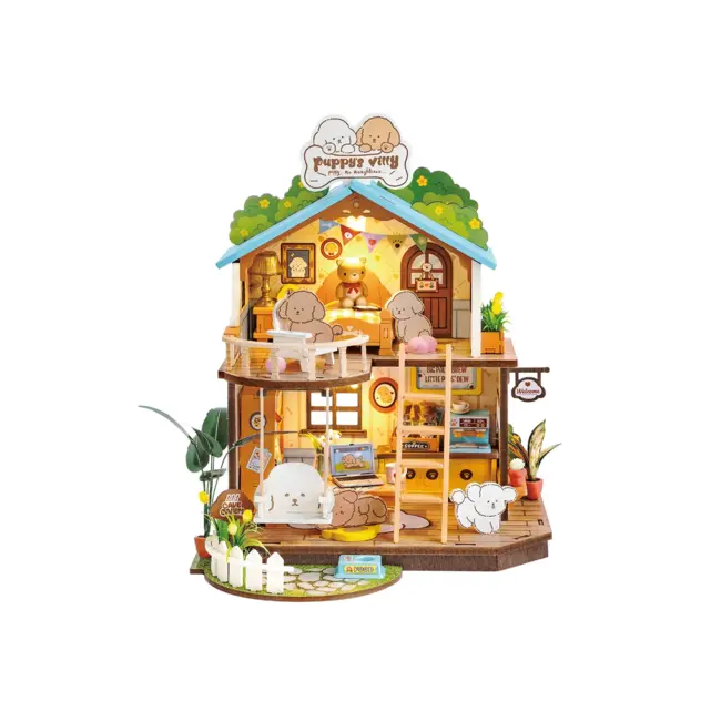 Robotime, DIY Huisje, Puppy's Cozy Villa met LED verlichting, DG169, 22x18,3x23,5cm