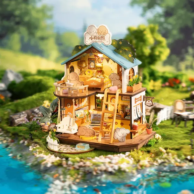 Robotime, DIY Huisje, Puppy's Cozy Villa met LED verlichting, DG169, 22x18,3x23,5cm