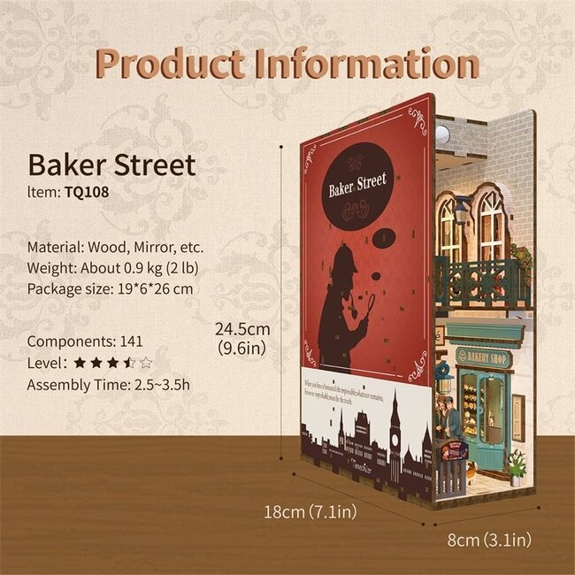 Tonecheer, DIY Book Nook, Baker Street Bookend, TQ108, 18,2x8x24,5cm