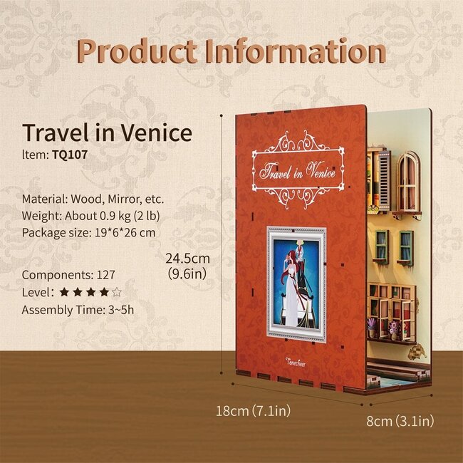 Tonecheer, DIY Book Nook, Travel in Venice Bookend, TQ107, 18,2x8x24,5cm
