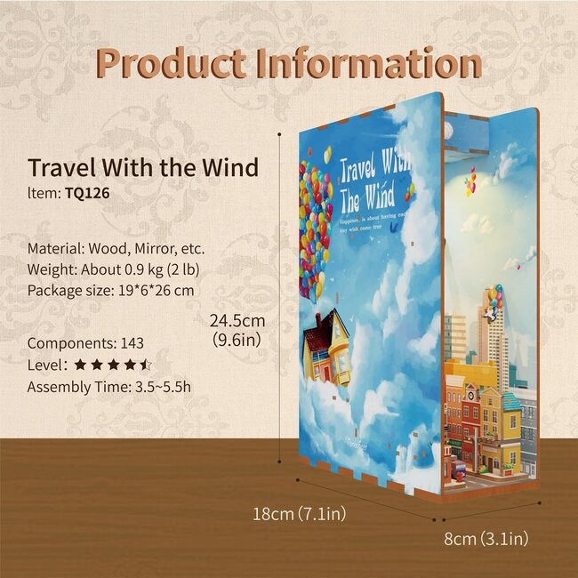 Tonecheer, DIY Book Nook, Travel with the Wind Bookend, TQ126, 18,2x8x24,5cm