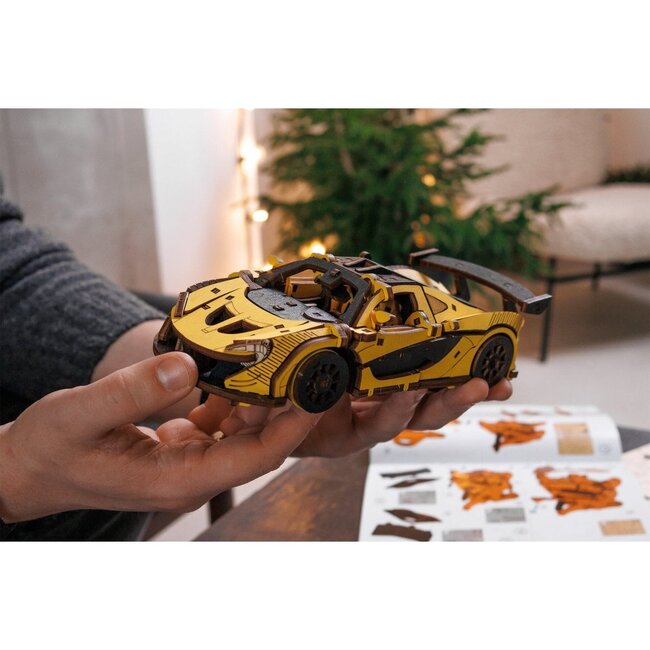 Eco Wood Art, (EWA) DIY 3D Mechanical Model Racing Car Yelow, 4042, 21x9,5x5,7cm