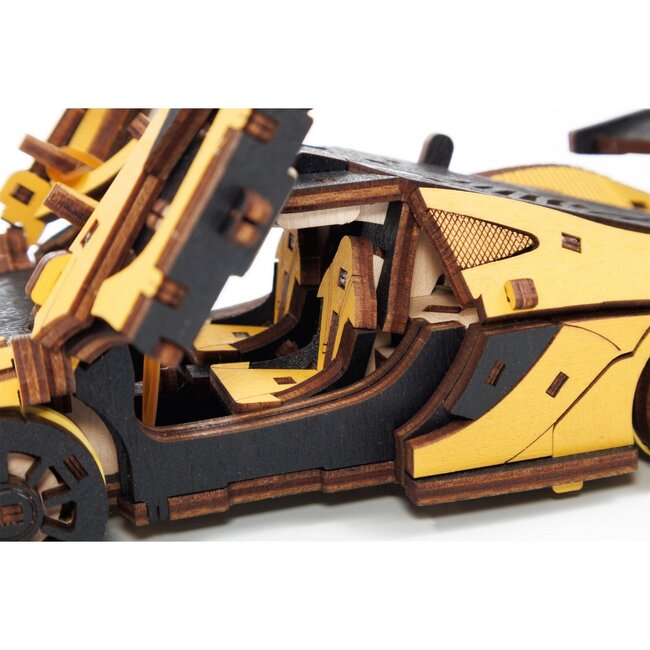 Eco Wood Art, (EWA) DIY 3D Mechanical Model Racing Car Yelow, 4042, 21x9,5x5,7cm